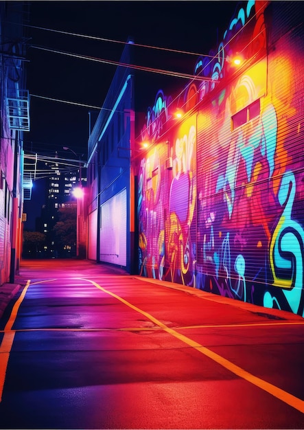 Foto cidade noturna moderna com graffiti 3d colorido em ilustração de rua generative ai