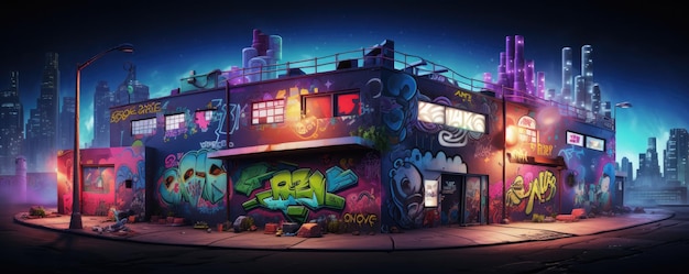 Foto cidade noturna moderna com grafites 3d coloridos em banner de panorama de rua generative ai