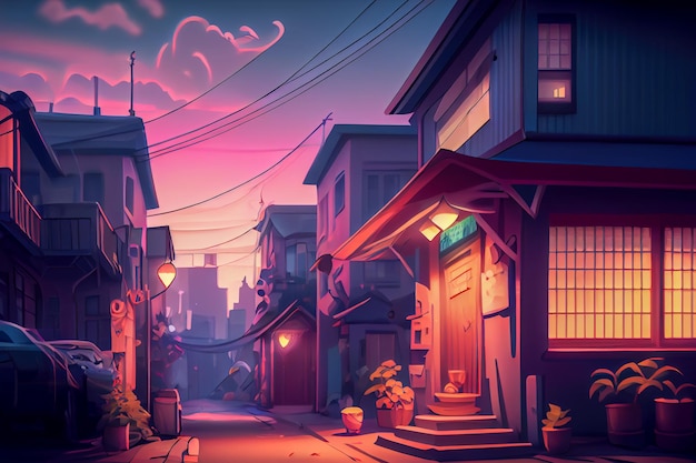 Cidade pequena de anime com casas particulares Generative AI