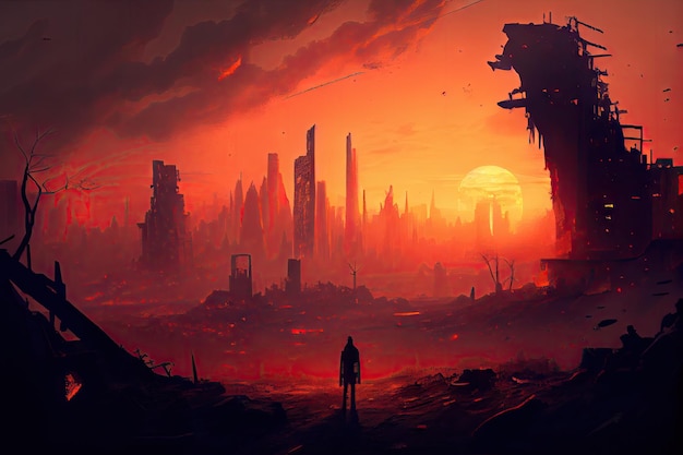 Cidade pós-apocalíptica com vista para o horizonte arruinado e incêndios latentes criados com IA generativa