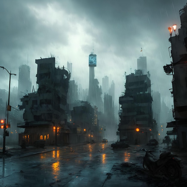 Cidade pós-apocalíptica em arte generativa de noite chuvosa por IA
