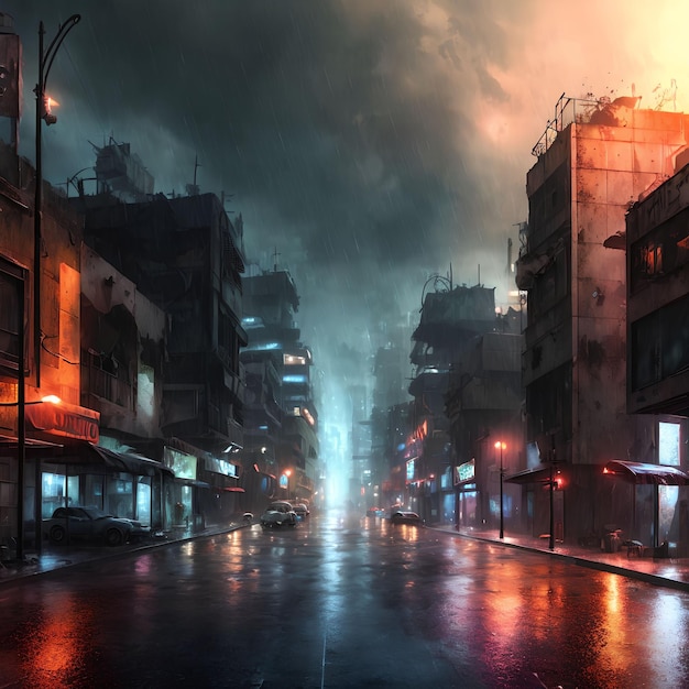 Cidade pós-apocalíptica em arte generativa de noite chuvosa por IA