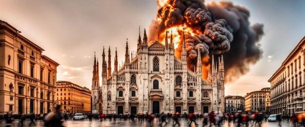 cidade sob ataque explosão fogo pessoas correndo engarrafamento ilustração apocalíptica
