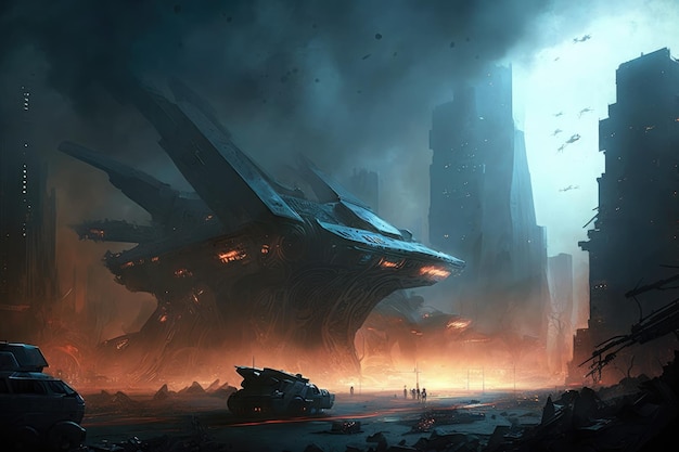 Cidade sob cerco de ataque de fogo de blaster alienígena e destruição criada com IA generativa