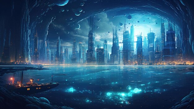 Cidade subaquática iluminada com luzes de neon com vida marinha cyberpunk