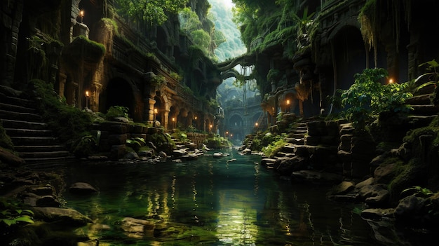 Cidade subterrânea sob uma selva exuberante conectada por um canal de água Ruínas de uma antiga civilização na selva tropical