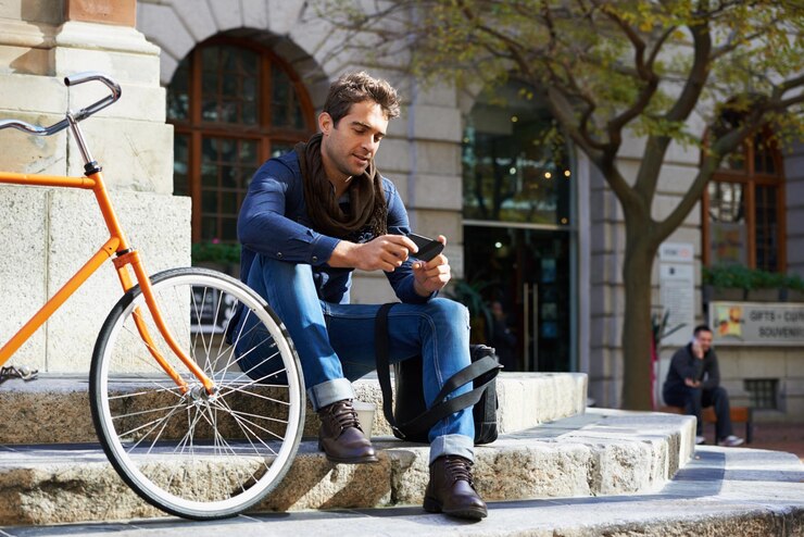 Foto cidade telefone e bicicleta com homem em degraus ao ar livre para redes de comunicação ou mídias sociais viagem de deslocamento e bicicleta de emissão zero com jovem navegando na internet no celular em cidade urbana