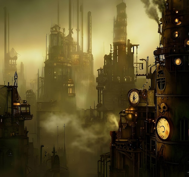 cidade velha com edifícios em estilo steampunk