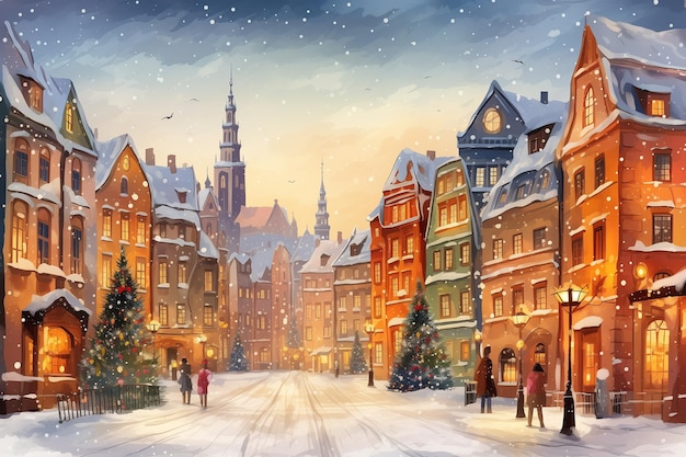 Cidade velha europeia na véspera de Natal com edifícios acolhedores Panorama da paisagem urbana europeia Feliz Natal