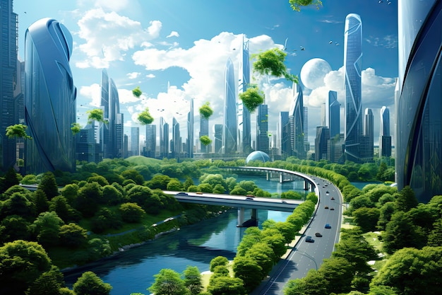 Cidade Verde do Futuro Centro Moderno com Edifícios Empresariais e Arranha-céus com Ar Limpo