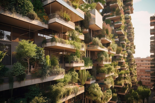 Cidade verde do futuro com jardins verticais e plantas suspensas em todas as janelas e varandas criadas com inteligência artificial generativa