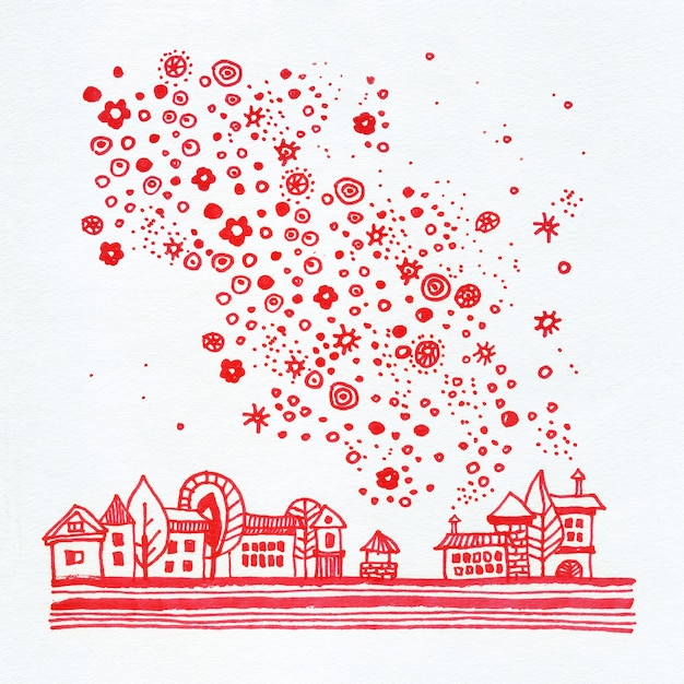 Cidade vermelha com estrelas e flores no céu ilustração aquarela sobre fundo branco