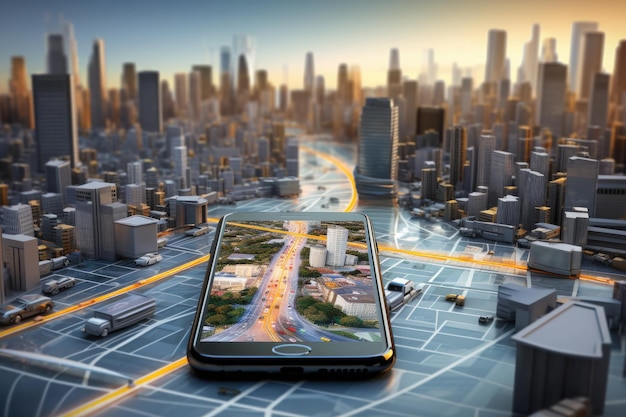 Cidade virtual e carro nela na tela de smartphone Paisagem urbana de realidade aumentada Usando dispositivo de tecnologia em viagem de estrada para navegação Criado com IA gerativa