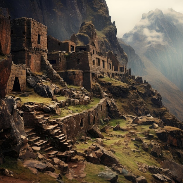 Cidadela inca em ruínas nos Andes