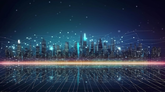 Cidades inteligentes e pontos esporádicos se relacionam com a linha de beleza e gradiente Generative AI Big Data Connection Technology e Complex Wave Line Design