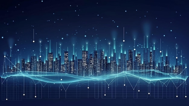 Cidades inteligentes e pontos esporádicos se relacionam com a linha de beleza e gradiente Generative AI Big Data Connection Technology e Complex Wave Line Design