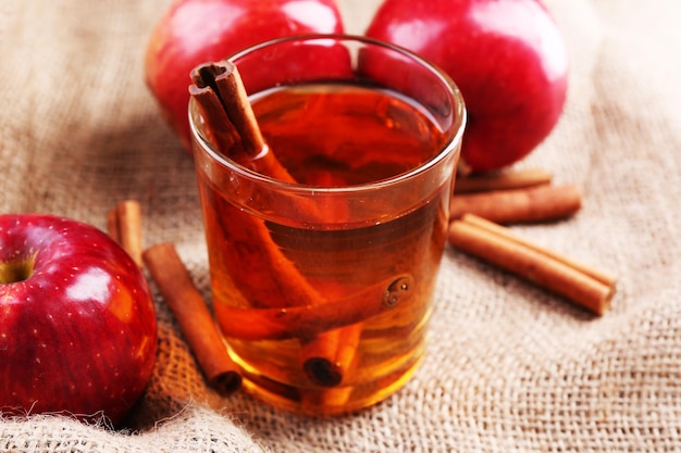 Cidra de maçã com paus de canela e maçãs frescas em fundo de saco