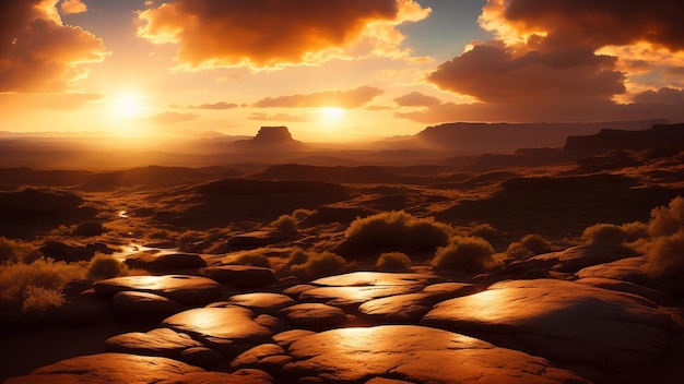 Foto un cielo de acero sobre un desierto rocoso un paisaje fantástico con formaciones misteriosas en un planeta desierto generado por ia creativa