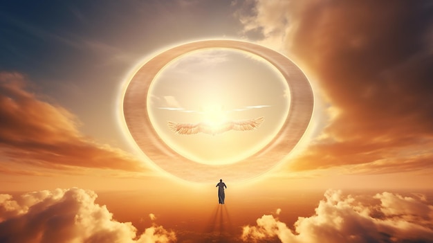 en el cielo un ángel con alas y un halo en el fondo de la puesta de sol cielos con nubes en el paraíso la creación del mundo es Dios