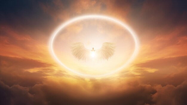 en el cielo un ángel con alas y un halo en el fondo de la puesta de sol cielos con nubes en el paraíso la creación del mundo es Dios