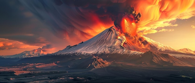 Foto el cielo del anochecer se agita con la furia apocalíptica de una erupción volcánica el flujo de fuego que refleja las nubes tumultuosas por encima es una escena de belleza cruda e indomable