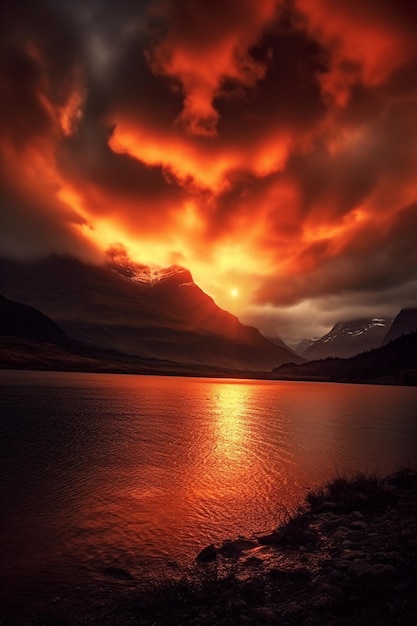 Cielo de Arafed con una montaña al fondo y un cuerpo de agua en primer plano ai generativo