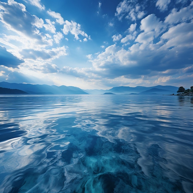 un cielo azul y el agua con una montaña al fondo.