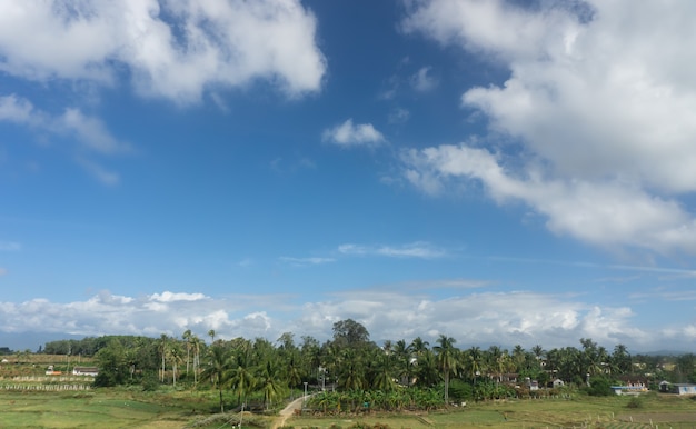 Cielo azul al aire libre, nubes blancas y paisajes rurales.