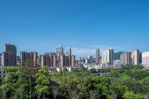 Bajo el cielo azul, los árboles verdes se convierten en bosques, una ciudad habitable