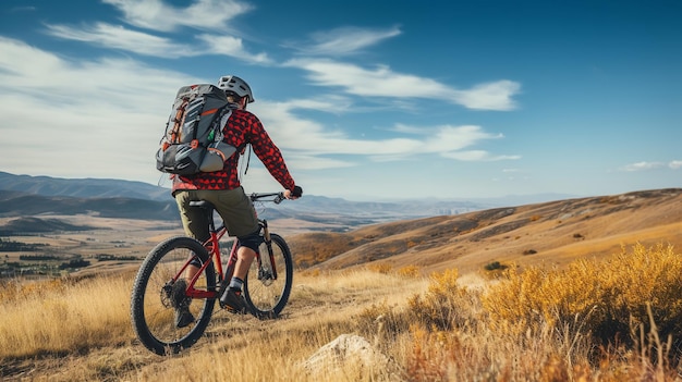 En un cielo azul colinas y el fondo del horizonte hay un ciclista con una mochila roja AI generativa