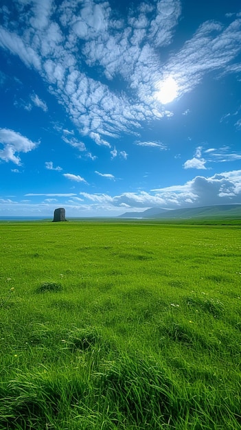 El cielo azul complementa un vasto campo de hierba verde en armonía papel tapiz móvil vertical