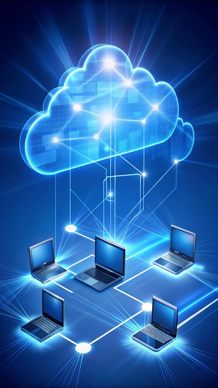 Foto un cielo azul con computadoras y monitores con las palabras "computadoras portátiles" en la parte inferior