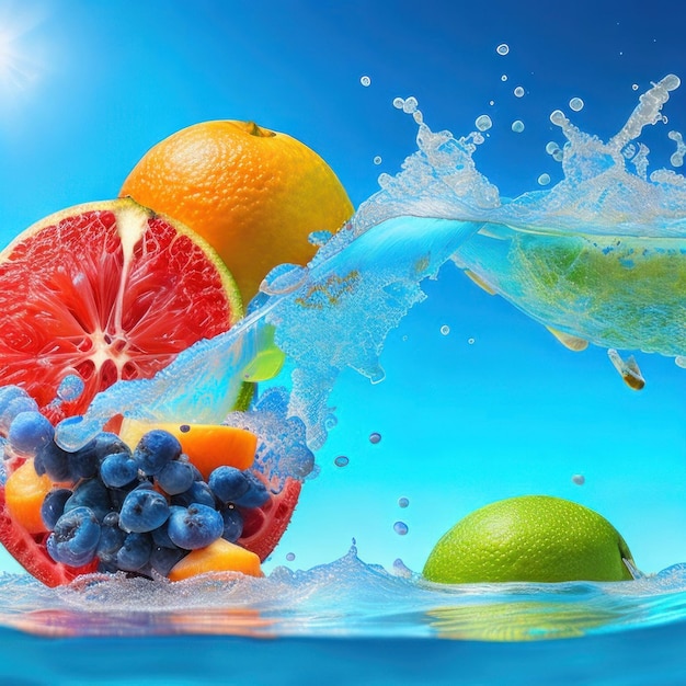 Un cielo azul está detrás de un racimo de frutas y un chorrito de agua.