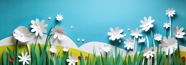 Cielo azul, flores blancas y nubes que representan una escena de Spring Generative AI