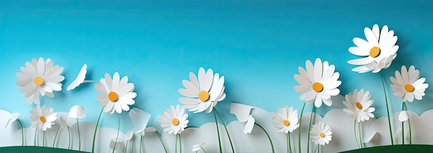 Cielo azul, flores blancas y nubes que representan una escena de Spring Generative AI
