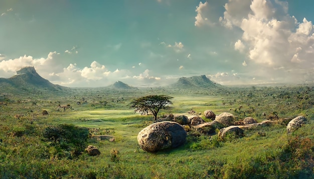 Cielo azul África campo verde con montañas en la distancia