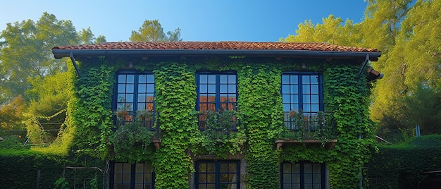 El cielo azul y la hiedra verde cubren una casa de vidrio