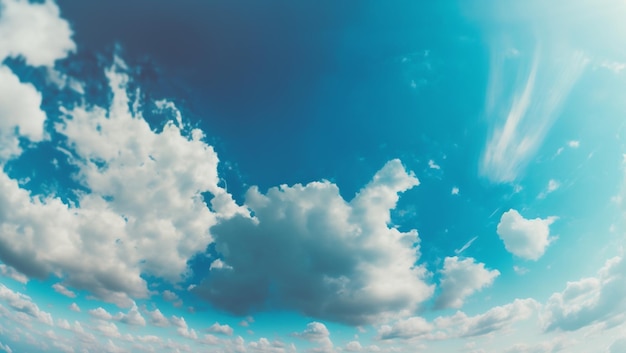 Un cielo azul con nubes y un avión en el cielo.