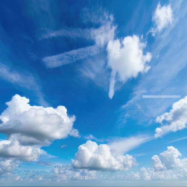 Un cielo azul con nubes y un avión en el cielo.