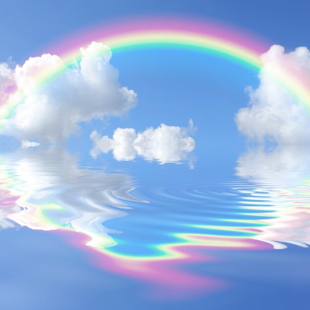 El cielo azul, las nubes blancas, el arco iris, el fondo del cielo.