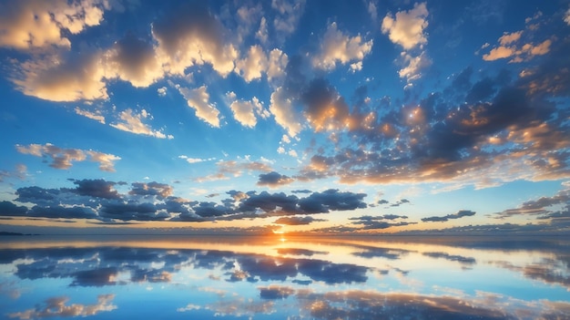 Foto cielo azul y nubes blancas reflejo de la puesta de sol