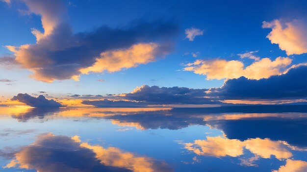 Cielo azul y nubes blancas reflejo de la puesta de sol