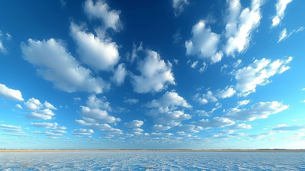 Cielo azul y nubes blancas sobre un lago congelado