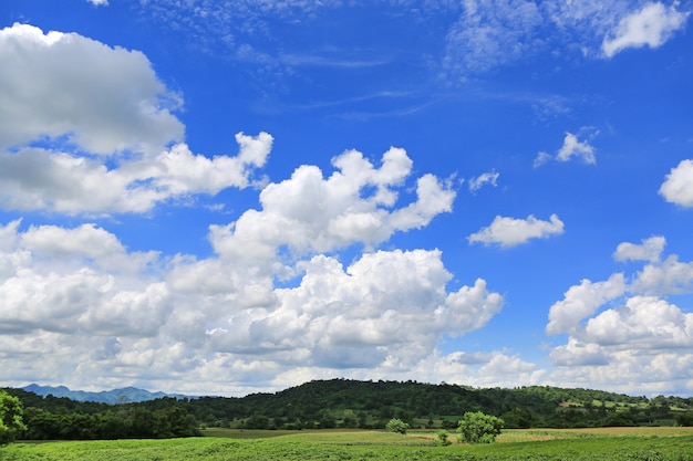 Cielo azul con nubes y campos agrícolas.