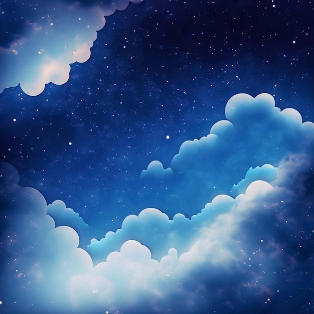 Cielo azul con nubes en la noche estrellada ilustrada en 3D.