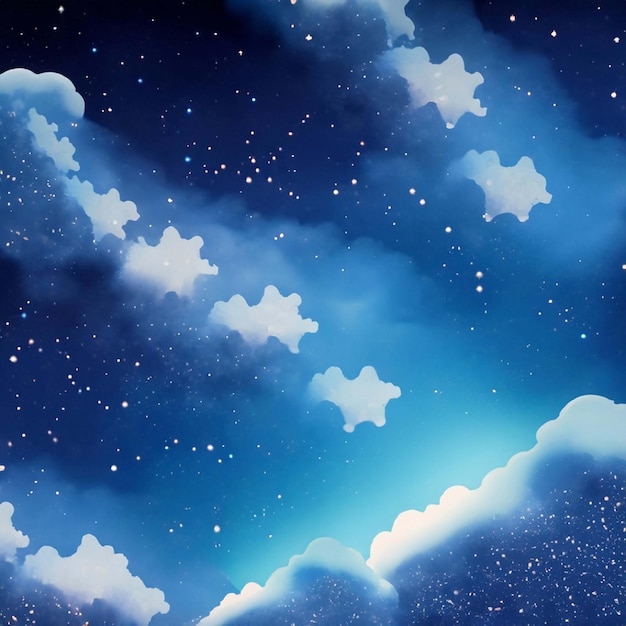 Cielo azul con nubes en la noche estrellada ilustrada en 3D.