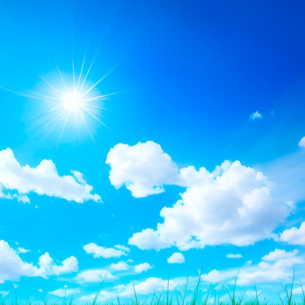 Foto un cielo azul con nubes y un sol en el medio.