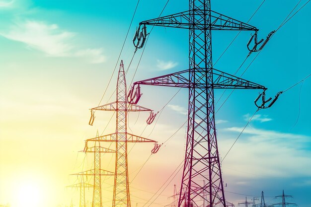 Un cielo azul y los rayos del sol contrastan con las torres eléctricas de alto voltaje en el gran espacio IA generativa