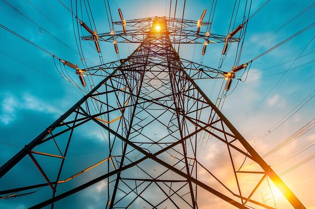 Un cielo azul y los rayos del sol contrastan con las torres eléctricas de alto voltaje en el gran espacio IA generativa