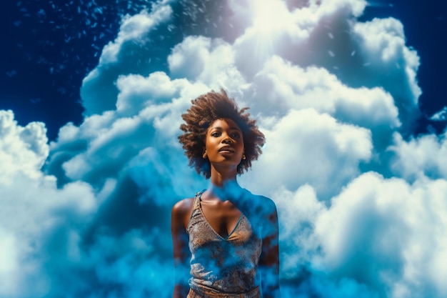 cielo azul realista con mujer africana hecha de nubes con un cuerpo hecho de nubes luces impresionantes